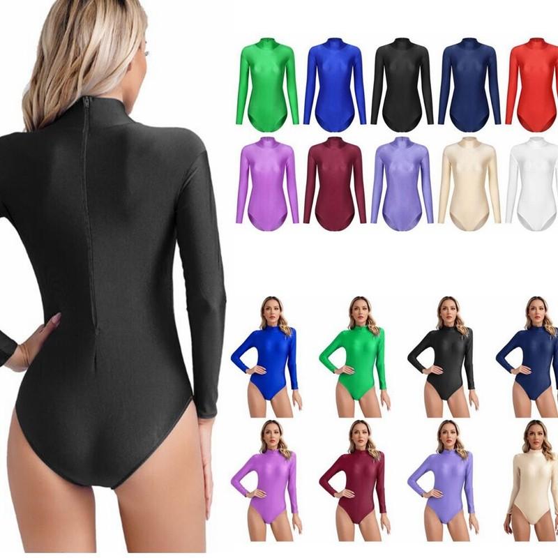 Women's Mock Neck Long Sleeve Bodysuit Zipper Back Stretchy Gymnastics Dancewer