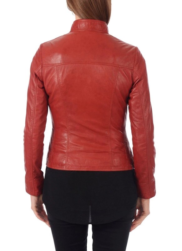 Women's Motorcycle Genuine Lambskin Leather Red Biker Jacket Slim Fit Coat