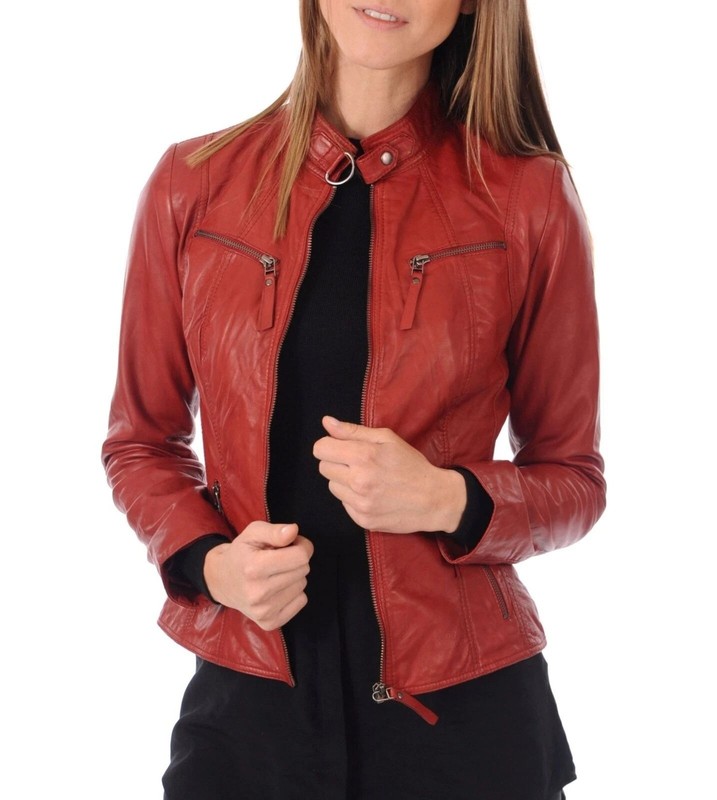 Women's Motorcycle Genuine Lambskin Leather Red Biker Jacket Slim Fit Coat