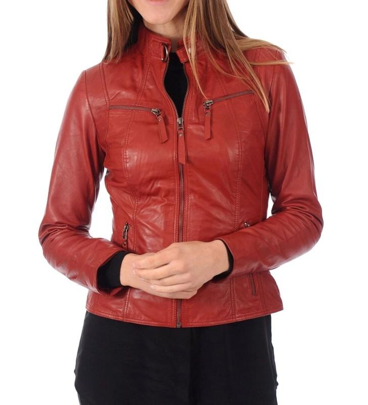 Women's Motorcycle Genuine Lambskin Leather Red Biker Jacket Slim Fit Coat