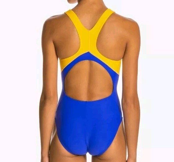 Women's NWT New TYR Durafast Maxfit Alliance Splice Blue Gold Swim Suit 26