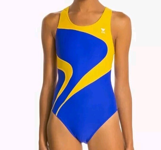 Women's NWT New TYR Durafast Maxfit Alliance Splice Blue Gold Swim Suit 26