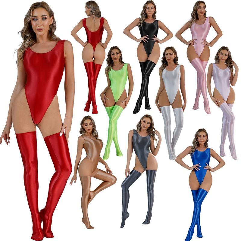 Women's Oil High Cut Bodysuit Slim Bikinis Tights Thong Leotard +Stockings