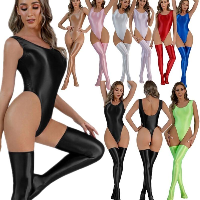 Women's Oil High Cut Bodysuit Slim Bikinis Tights Thong Leotard +Stockings