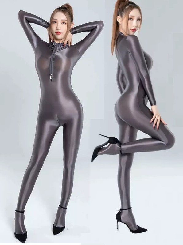 Women's Oil Shiny Glossy Silky Bodysuit Zipper Open Crotch Bodystocking Jumpsuit