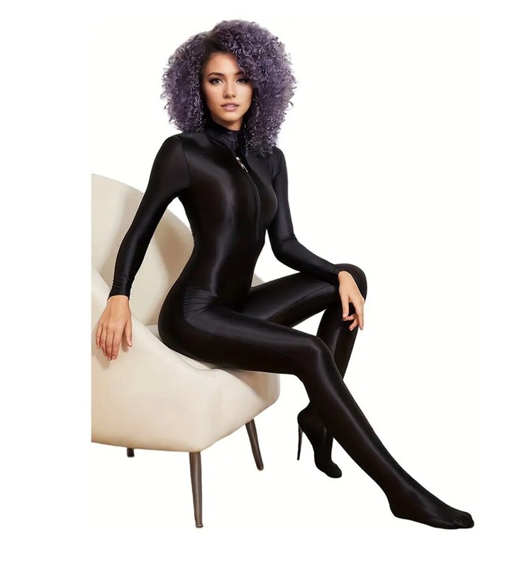 Women's Oil Shiny Glossy Silky Bodysuit Zipper Open Crotch Bodystocking Jumpsuit