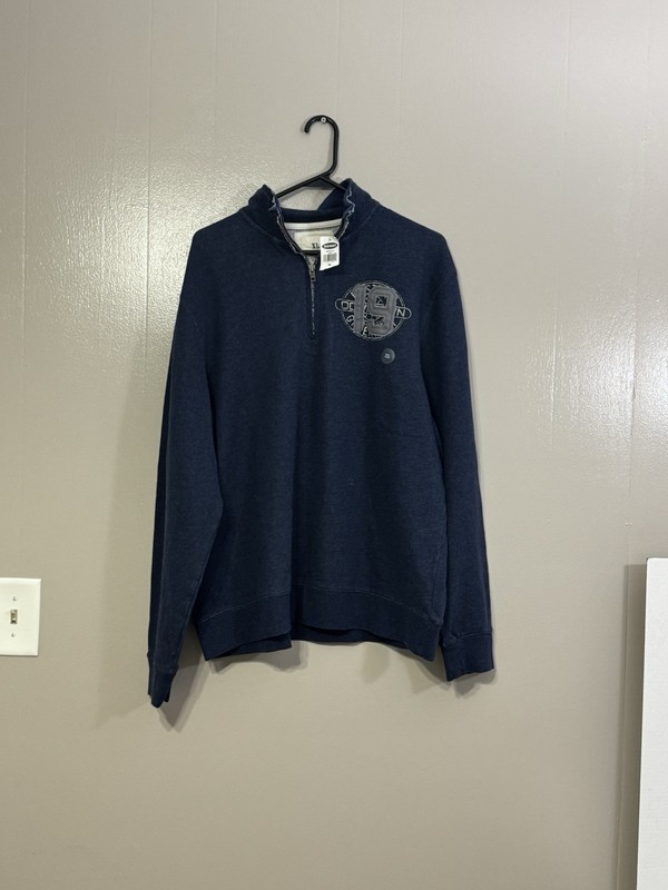 Women's Old Navy Quarter Zip Blue Fleece Gray Letters Long Sleeve Size XL C68