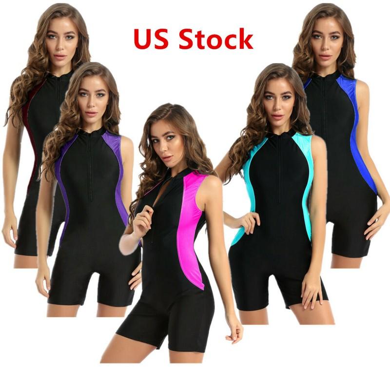 Women's One Piece Bodysuit Zipper Swimsuit Sports Leotard Sleeveless Swimwear