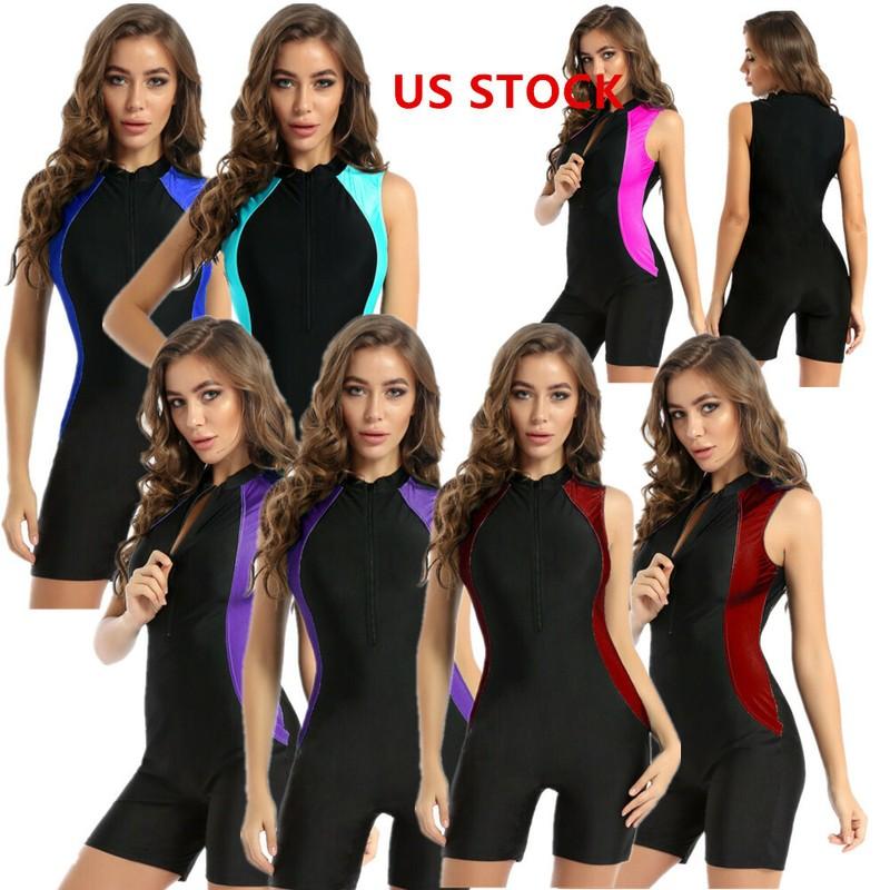 Women's One Piece Bodysuit Zipper Swimsuit Sports Leotard Sleeveless Swimwear