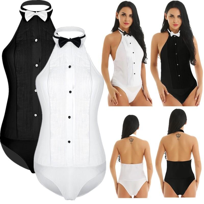 Women's One-piece Tuxedo Shirt Bodysuit Tie Top Cosplay Waitress Costume Uniform
