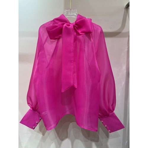 Women's Organza Bow Lace Puff Sleeve Tops Shirt Blouse See-through Gown Pullover