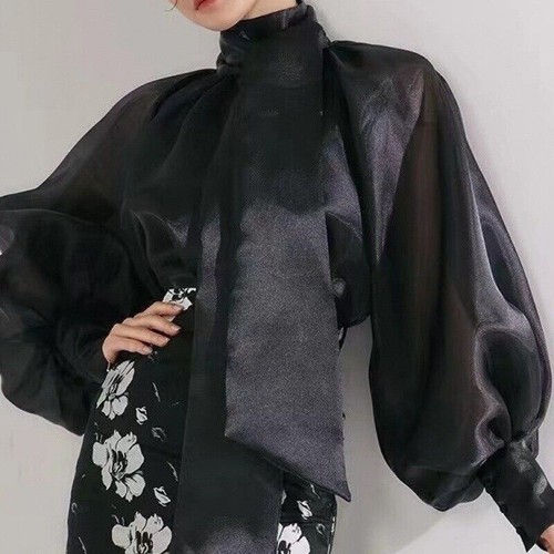 Women's Organza Bow Lace Puff Sleeve Tops Shirt Blouse See-through Gown Pullover