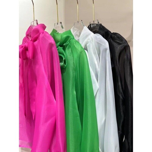 Women's Organza Bow Lace Puff Sleeve Tops Shirt Blouse See-through Gown Pullover