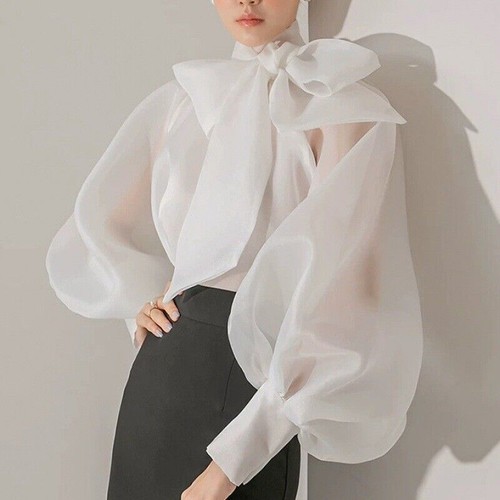 Women's Organza Bow Lace Puff Sleeve Tops Shirt Blouse See-through Gown Pullover
