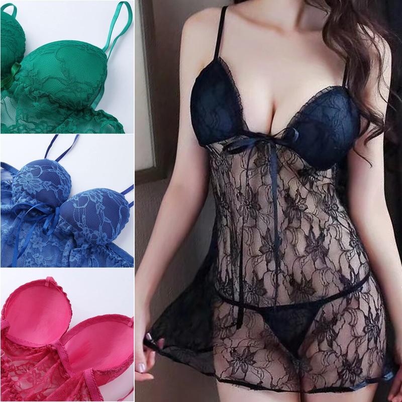 Women's Padded Cup Babydoll With G-String Sexy Lingerie Lace Chemise Underwear