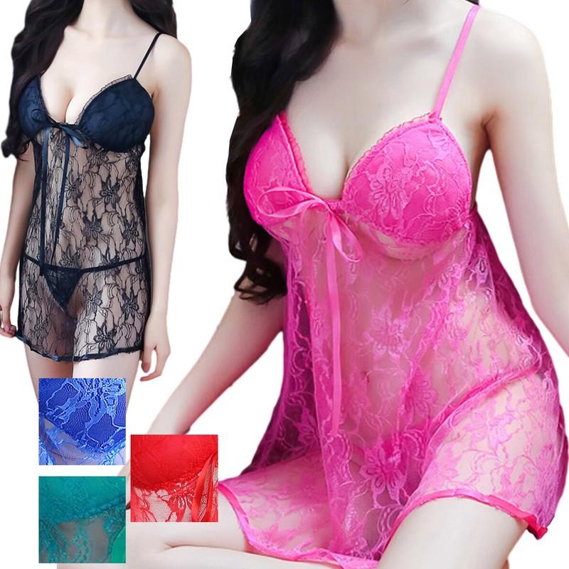 Women's Padded Cup Babydoll with G-String Sexy Lingerie Lace Chemise Underwear