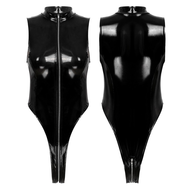Women's Patent Leather Bodysuit Zipper Crotch Catsuit High Cut Leotard Clubwear