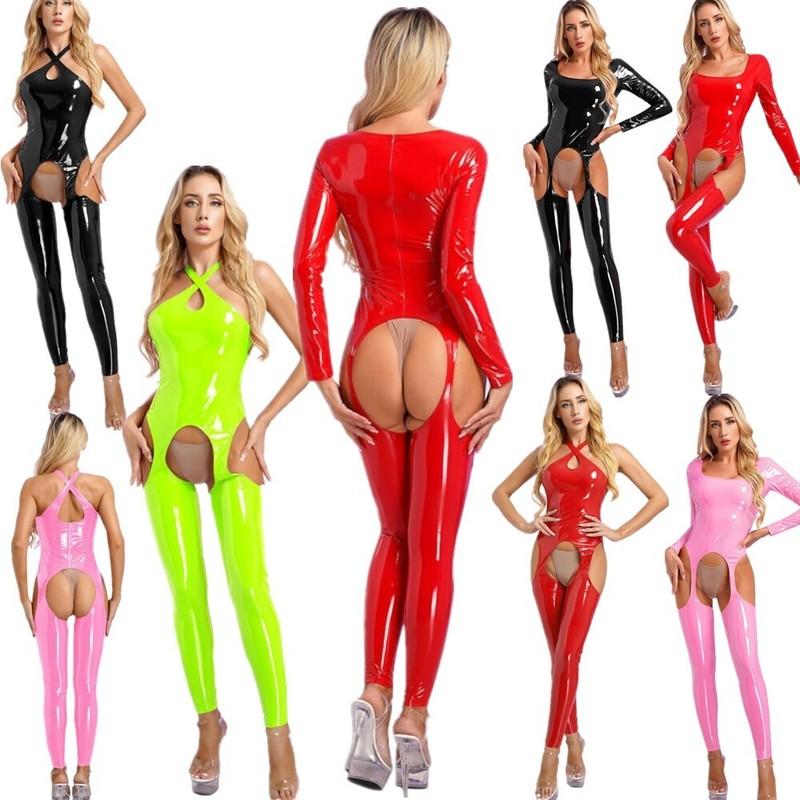 Women's Patent Leather Cut Out Bodysuits Latex Open Crotch Catsuits Jumpsuit