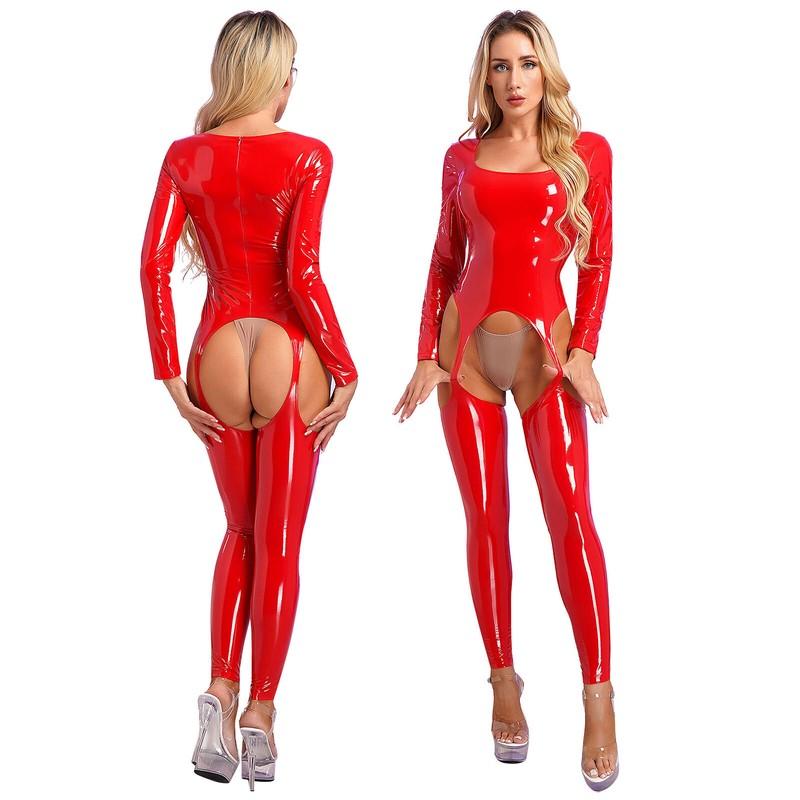 Women's Patent Leather Cut Out Bodysuits Latex Open Crotch Catsuits Jumpsuit