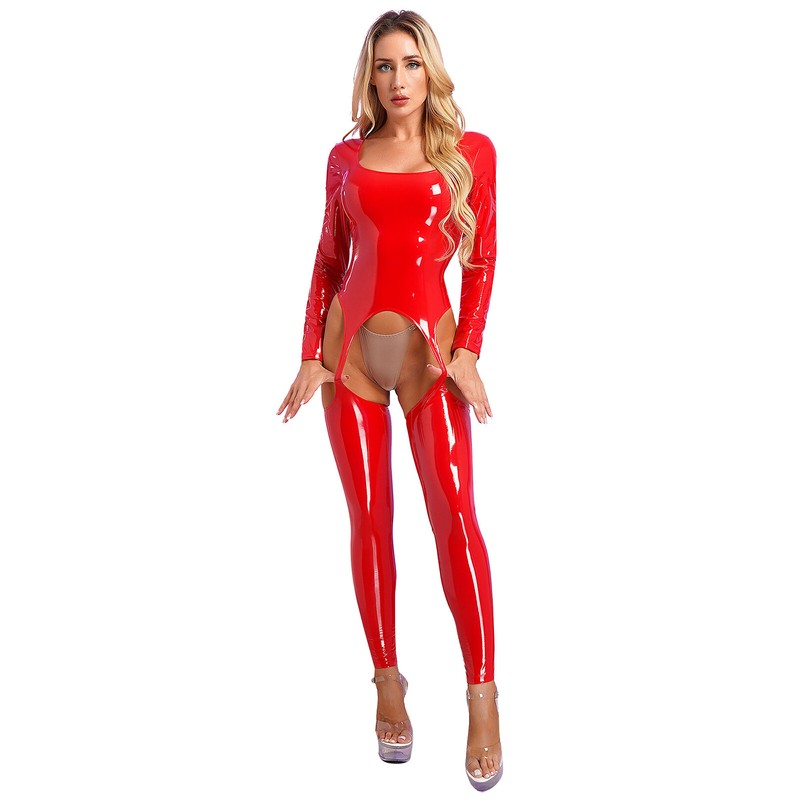 Women's Patent Leather Cut Out Bodysuits Latex Open Crotch Catsuits Jumpsuit