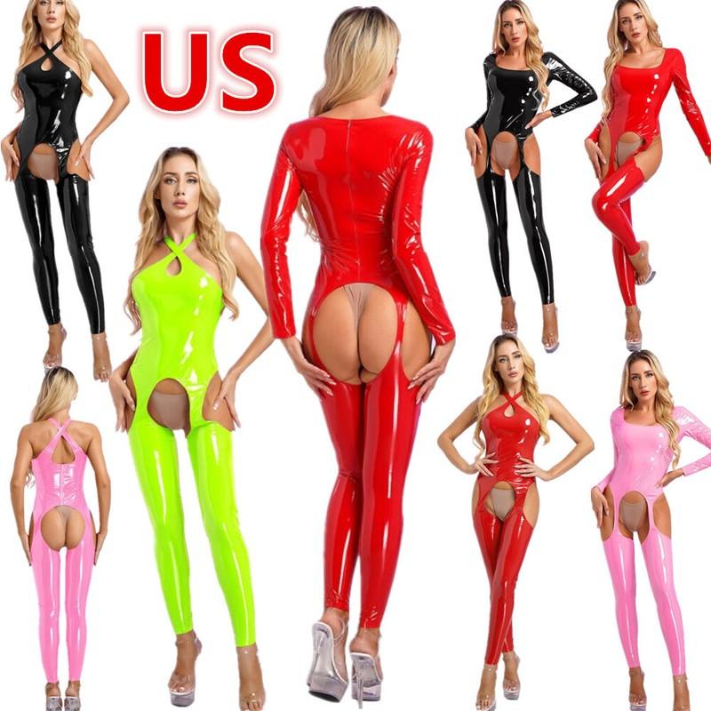 Women's Patent Leather Cut Out Bodysuits Latex Open Crotch Catsuits Jumpsuit