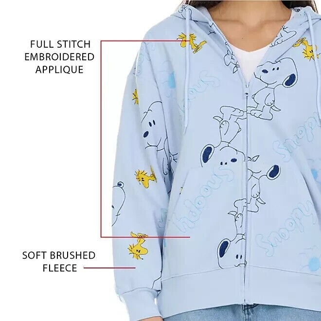 Women's Peanuts The Snoopy Zip Hoodie Embroidered Jacket Upick Sizes New Blue