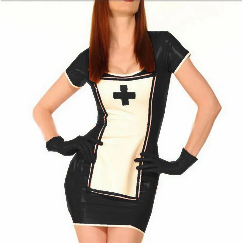 Women's Pencil Mini Dress And Gloves Funny Nurse Uniform Costume PVC Patchwork