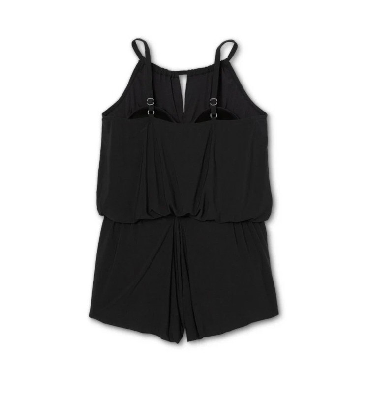 Women's Plus Size High Neck Swim Romper With Pockets - Aqua Green Black 24W