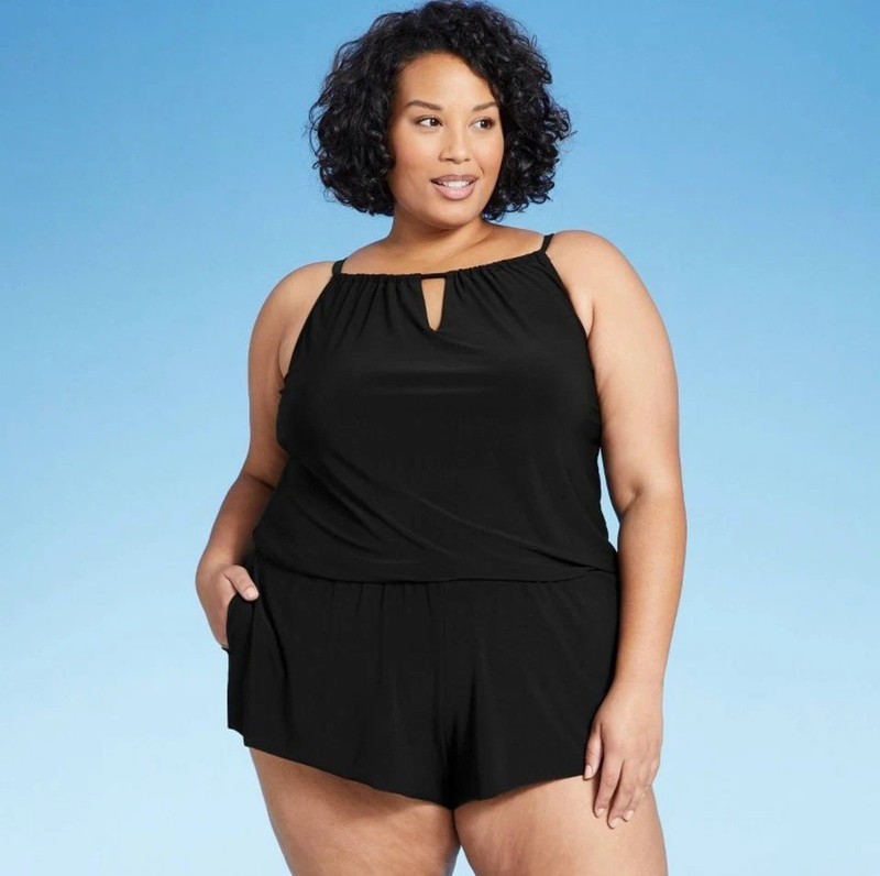 Women's Plus Size High Neck Swim Romper with Pockets - Aqua Green Black 24W