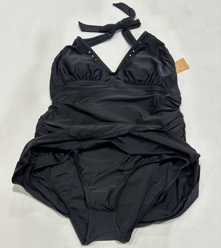 Women's Plus Size Trim Inset Halter Swim Dress - Kona Sol - Black - 16W