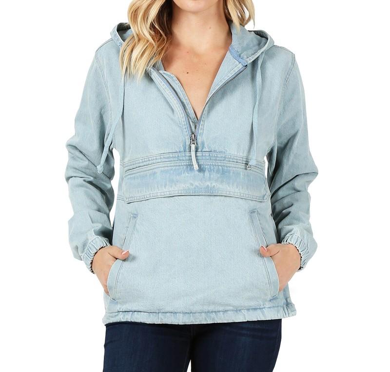 Women’s Premium Denim Hoodie Half Zip Pullover Casual Cotton Jean Jacket