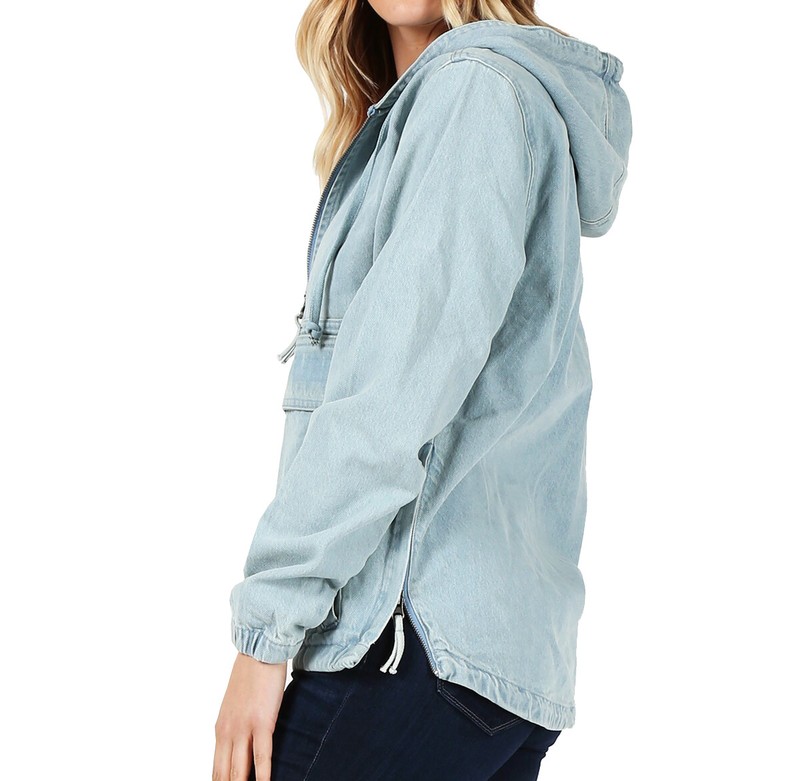 Women’s Premium Denim Hoodie Half Zip Pullover Casual Cotton Jean Jacket