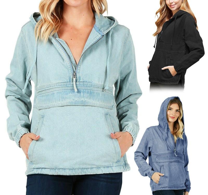 Women’s Premium Denim Hoodie Half Zip Pullover Casual Cotton Jean Jacket