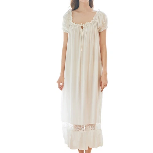 Women's Princess Short Sleeve Nightgown Square Neck Cotton Soft Long Sleep Dress