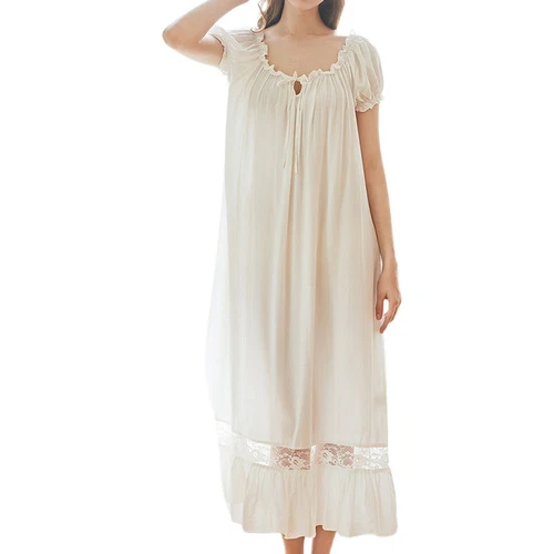 Women's Princess Short Sleeve Nightgown Square Neck Cotton Soft Long Sleep Dress