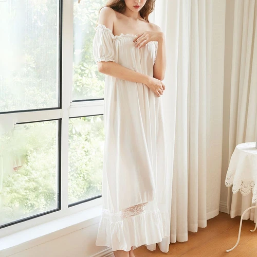 Women's Princess Short Sleeve Nightgown Square Neck Cotton Soft Long Sleep Dress