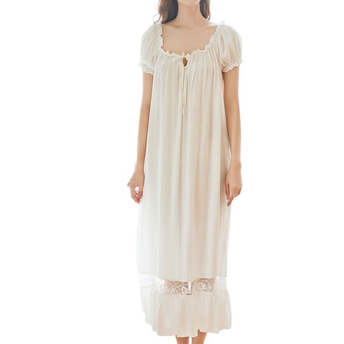 Women's Princess Short Sleeve Nightgown Square Neck Cotton Soft Long Sleep Dress
