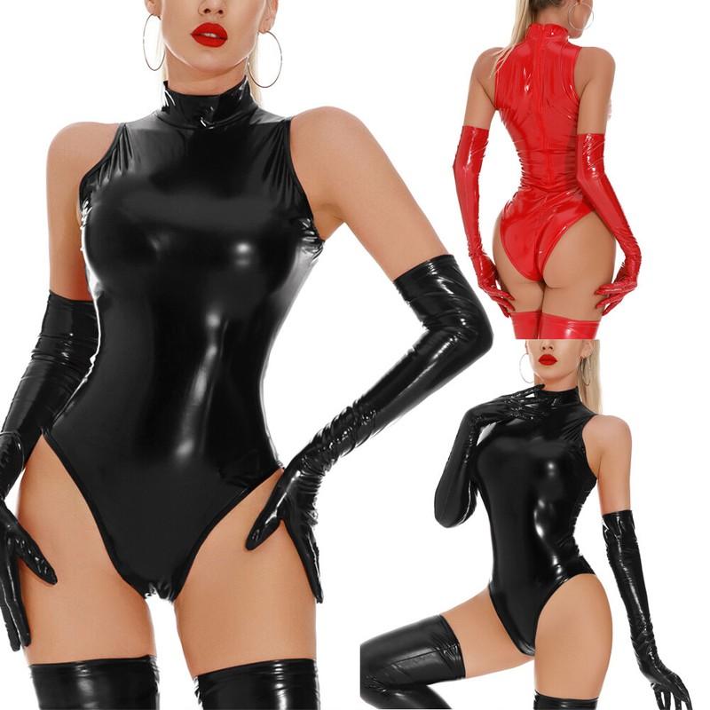 Women's PU Leather Bodysuits Back Zipper High Cut Jumpsuit Latex Leotard Catsuit