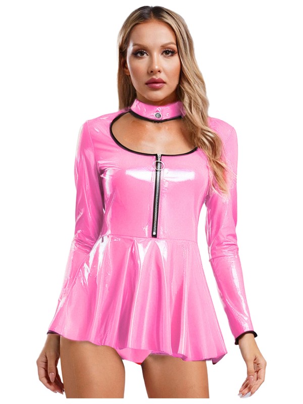 Women's PVC Shiny Mini Dress Wetlook Solid Long Sleeve A-line Dress Clubwear