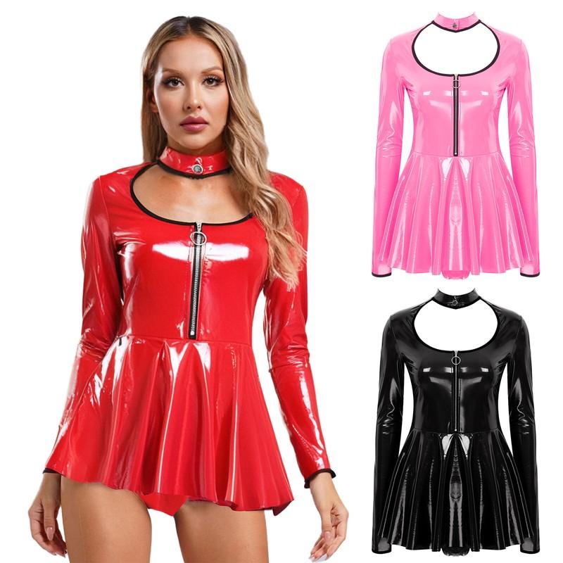 Women's PVC Shiny Mini Dress Wetlook Solid Long Sleeve A-line Dress Clubwear