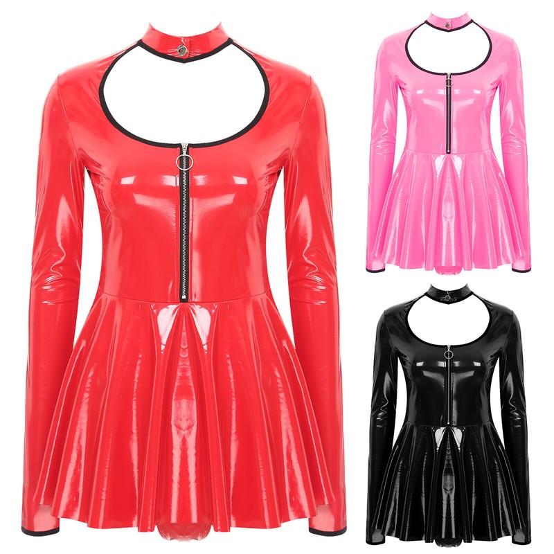 Women's PVC Shiny Mini Dress Wetlook Solid Long Sleeve A-line Dress Clubwear