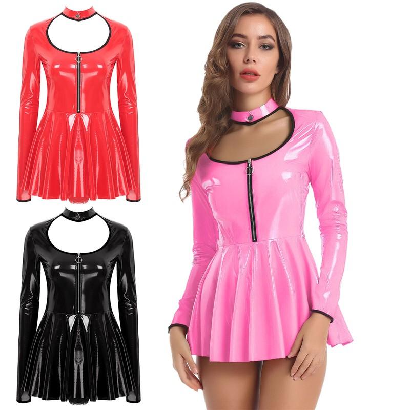 Women's PVC Shiny Mini Dress Wetlook Solid Long Sleeve A-line Dress Clubwear
