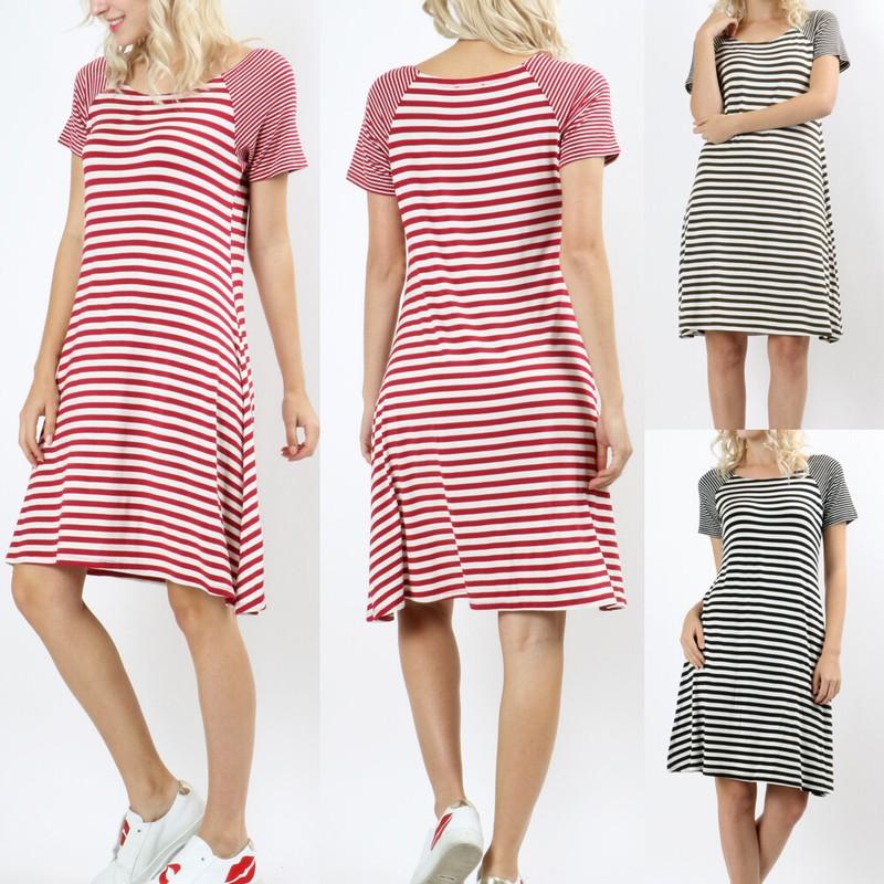 Women's Raglan Short Sleeve Striped T-Shirt Dress Zenana
