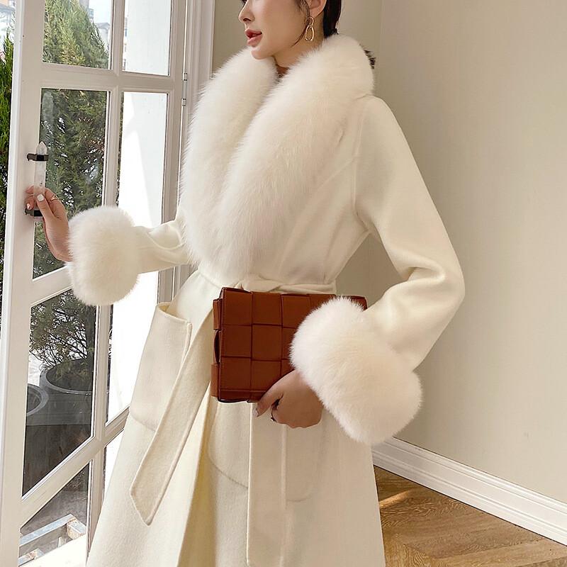 Women's Real Fox Fur Collar Double Sided Cashmere Wool Long Trench Coat Overcoat