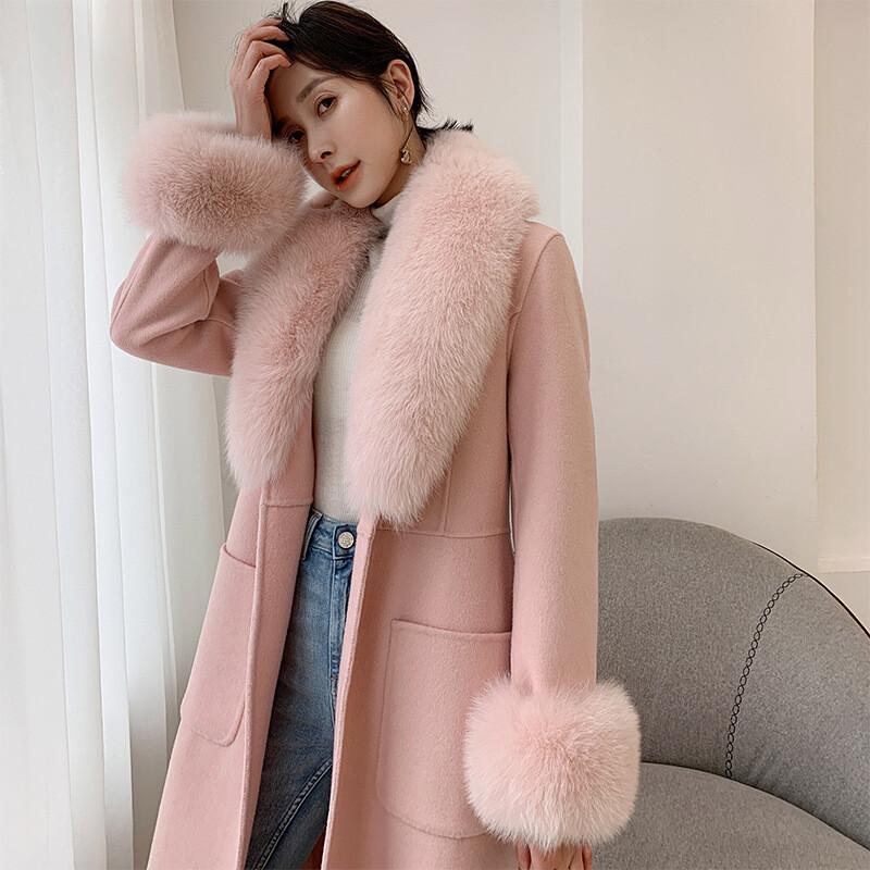 Women's Real Fox Fur Collar Double Sided Cashmere Wool Long Trench Coat Overcoat