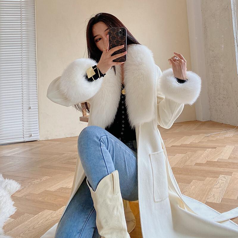 Women's Real Fox Fur Collar Double Sided Cashmere Wool Long Trench Coat Overcoat