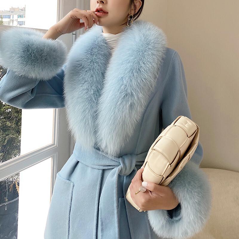 Women's Real Fox Fur Collar Double Sided Cashmere Wool Long Trench Coat Overcoat