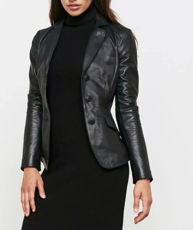 Women's Real Lambskin Leather Blazer Slim Fit Jacket - Fashionable Button Coat