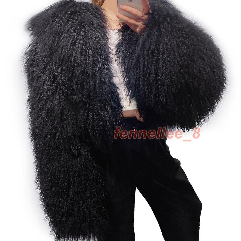 Women's Real Mongolian Lamb Sheep Short Coat Curly Fur Lapel Jacket Warm Outwear