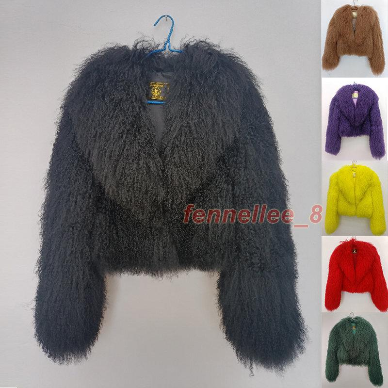 Women's Real Mongolian Lamb Sheep Short Coat Curly Fur Lapel Jacket Warm Outwear